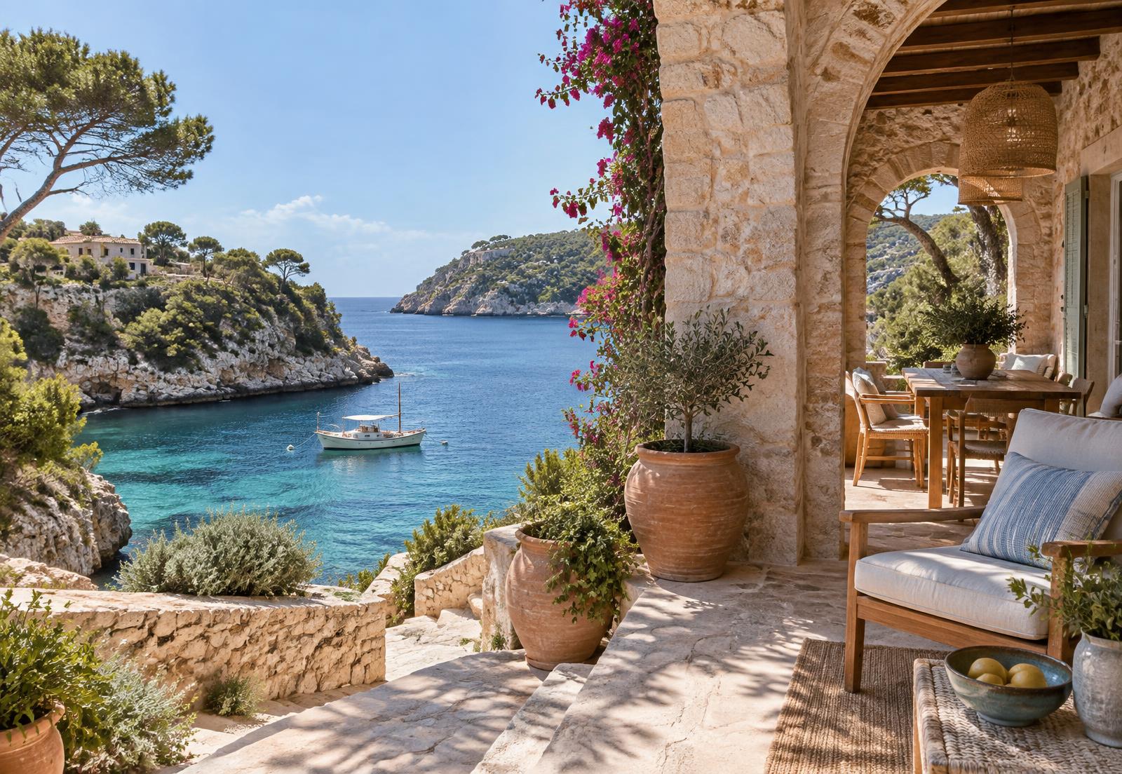 Terraza mediterránea junto a una cala, imagen editorial ilustrativa